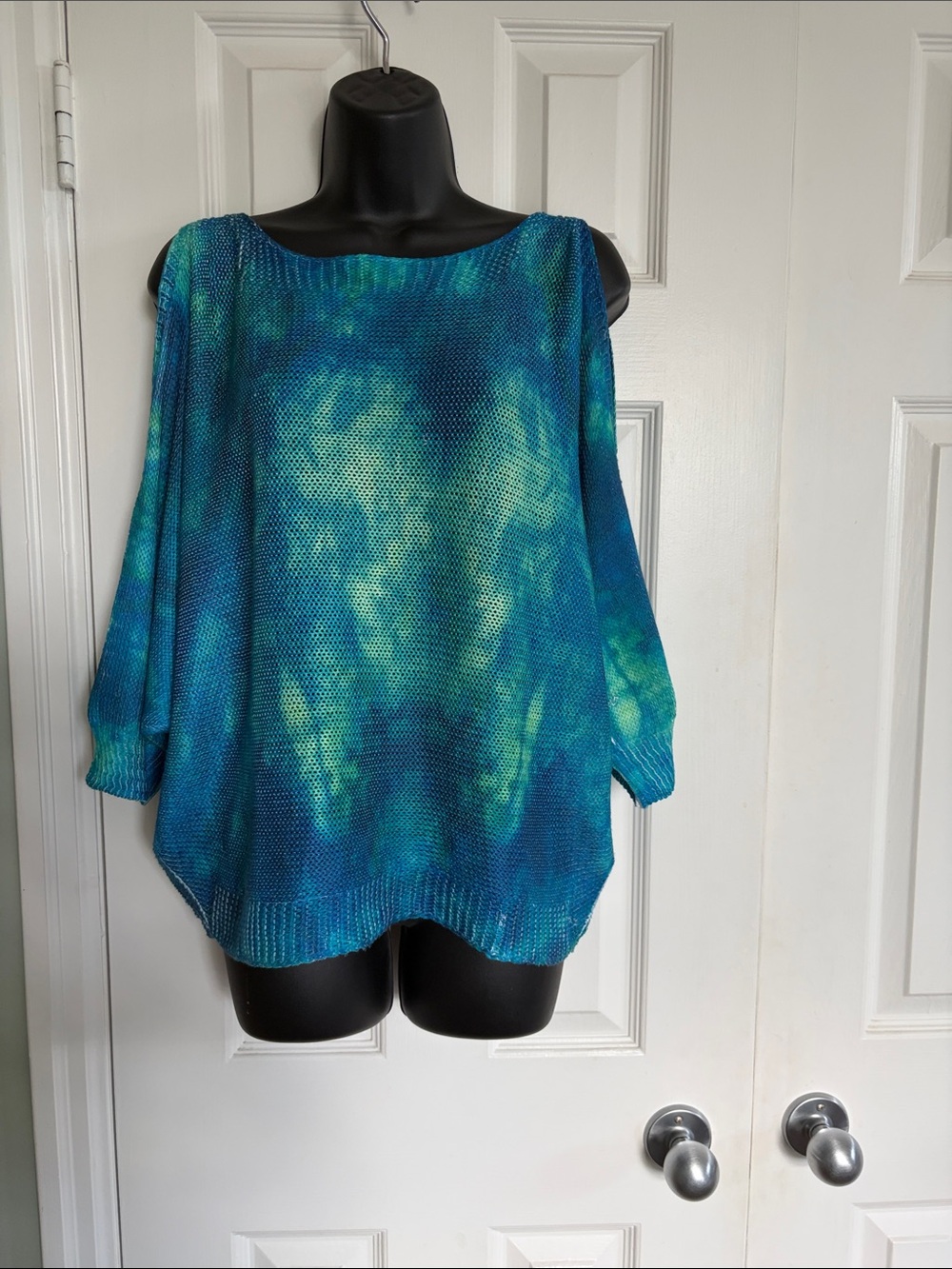 Women's Blue-Green Tie-Dye Knit off the shoulder Sweater